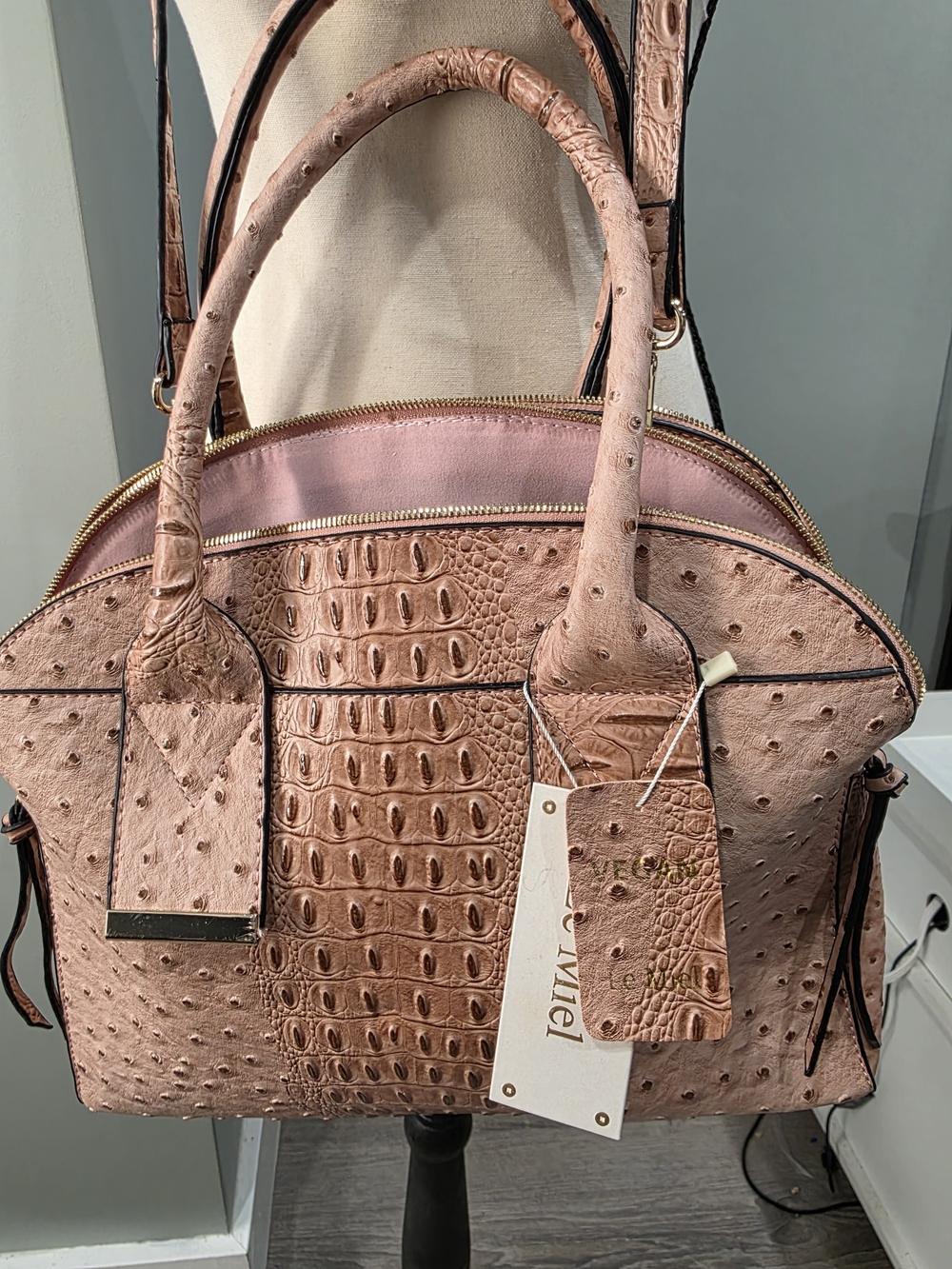 Le Miel Vegan Leather Shoulder and Handbag — New, with Crocodile Print — Apricot